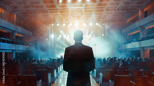 A person stands in an auditorium, facing the stage with bright lights and a large audience. The mood is dramatic and anticipatory.