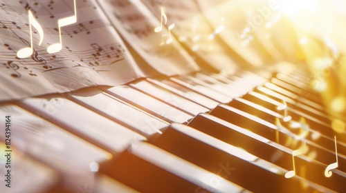 A close-up of piano keys and sheet music with floating musical notes illuminated by warm light, creating a harmonious and artistic atmosphere.