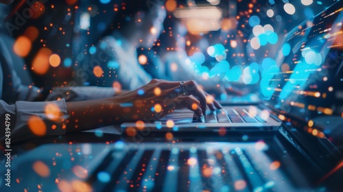 Close-up of hands typing on a laptop keyboard with abstract colorful light trails representing technology, innovation, and digital communication.