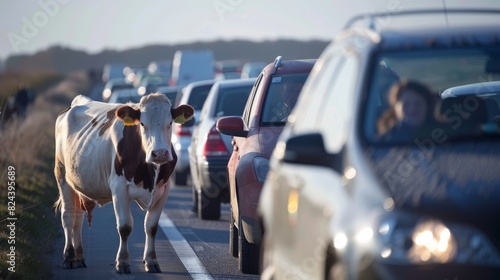 Herd of Cows Causing a Traffic Jam on a Main Road, Drivers' Mixed Reactions Amid a Picturesque Pastoral Setting, Emphasizing the Chaotic Scene.