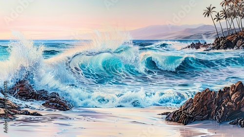 Stunning ocean waves crash onto rocky shore at sunrise, with distant palm trees and calming sky in the background.