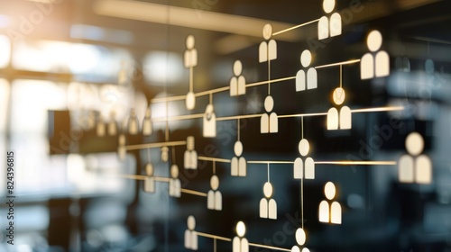 Business organizational chart with lines and human icons on glass wall in modern office, depicting company structure and hierarchy.