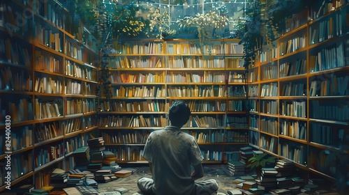 Show a serene library filled with philosophical works, with a solitary figure engrossed in reading about existentialism, Close up