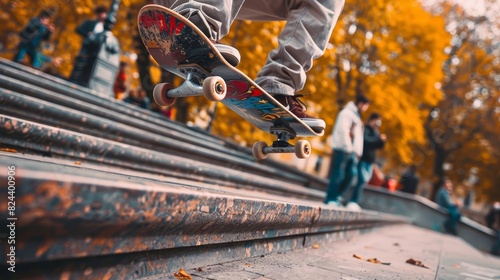 Show a skateboarder executing a high jump over a set of stairs, with onlookers cheering, Close up