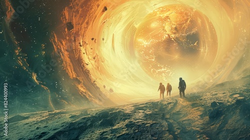 Show a team of explorers stepping out of a wormhole onto the surface of a strange, uncharted planet, Close up