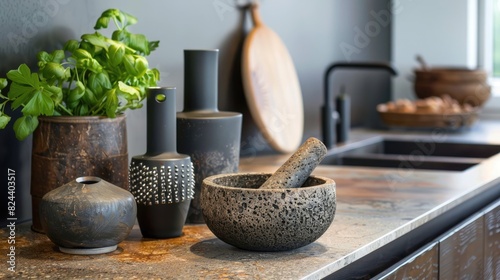 Kitchen counter has grater mortar and pestle