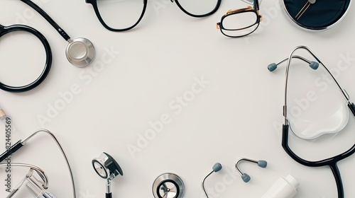 A clean and organized arrangement of medical and optical instruments on a white background, featuring stethoscopes and eyeglasses with copy space