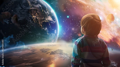 A child in apparent awe looks towards a vibrant depiction of Earth from space, suggesting wonderment at the universe or a futuristic scenario.