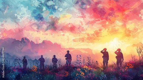 Watercolor cartoon scene of soldiers saluting at a Memorial Day ceremony, with a backdrop of an American flag and blooming spring flowers Generative AI