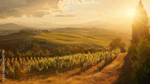 A picturesque vineyard landscape bathed in golden sunlight, with rolling hills stretching into the distance under a serene sky.