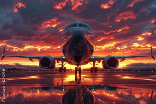 A close-up shot of an airplanes nose as it prepares for takeoff, its sleek fuselage glinting in the golden light of sunset. The aircraft is positioned on the runway, with its engines ready to roar