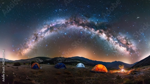A vibrant campsite under a breathtaking starry sky, with the Milky Way arching beautifully, creating a serene and magical night.