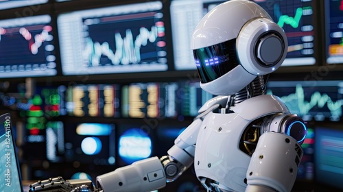 business robot man using computer for trading stock exchange