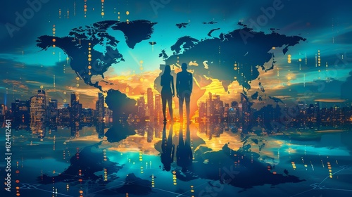 Global Business: A 3D vector illustration of a businessman and businesswoman standing on top of a world globe