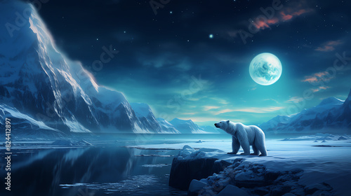 A polar bear standing on a glacier, looking out at the full moon. The sky is dark and starry, and the icebergs are glowing in the moonlight.