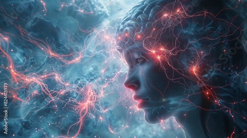An illustration of a woman's face in profile with a glowing brain and red neural connections.