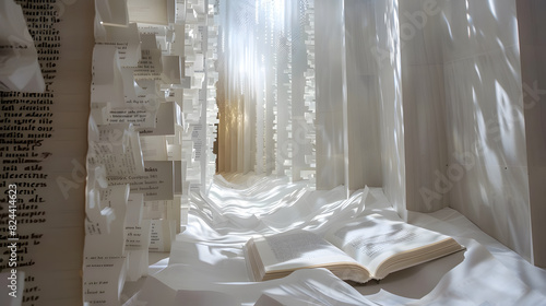 A white room with a book on a bed and a wall of paper