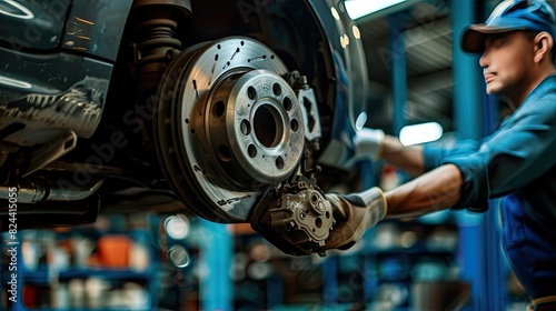 Mechanics in the workshop utilize handheld tools to swiftly and accurately replace brake spare parts for automotive vehicles