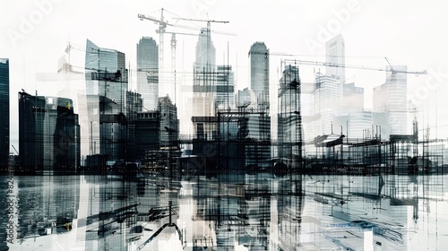 The civil engineer meticulously planned out the construction of the building in the city, captured beautifully through a double exposure photograph.