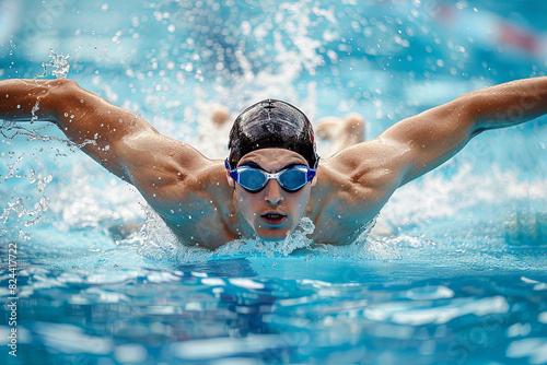 Male swimmer performing butterfly stroke in outdoor pool