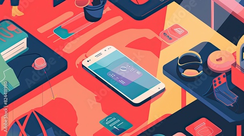  Visualization of a smartphone's journey through an online store, with step-by-step illustrations of browsing, selecting, and securely checking out, Educational and engaging design
