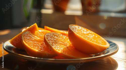 A close-up image of a plate of sliced oranges. The oranges are arranged in a circle on the plate. The background is blurred.