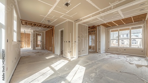 Scene with a home renovation interior construction with drywall installation