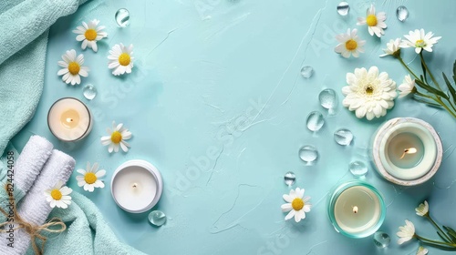 Spa products candle and flowers arranged neatly on light blue surface Text space available