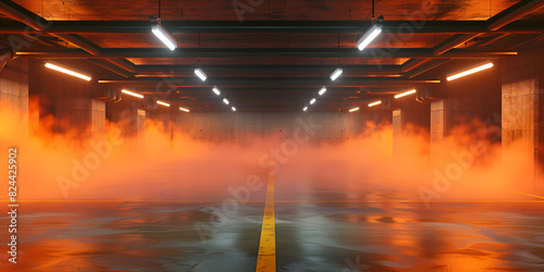 An empty underground parking garage with orange smoke billowing out of the ceiling.