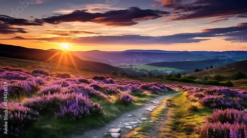 Scenic view of blooming heather on the Long Mynd, Shropshire, England in the evening