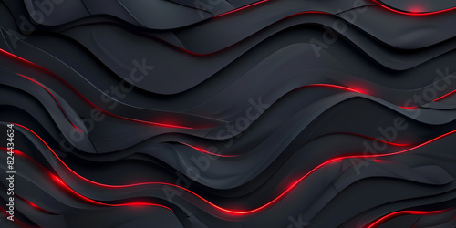 abstract 3D rendering of wavy black and red shapes background is made of wavy lines and the foreground features red glowing lights