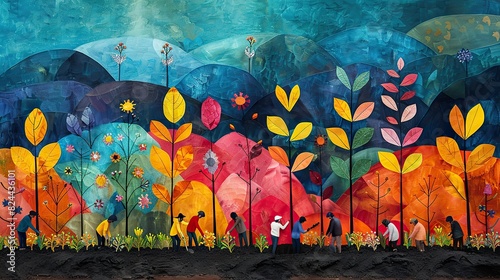 A painting of a community working together to plant trees, symbolizing collective effort in environmental growth. photo