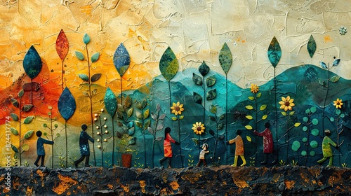 A painting of people planting seeds together, symbolizing sowing the seeds of growth through cooperation. stock photo