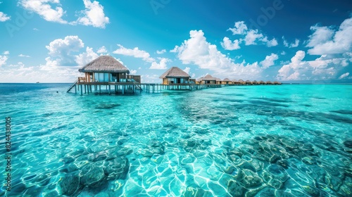 Breathtaking view of luxury overwater villas with thatched roofs in a turquoise lagoon under a sunny sky with fluffy clouds