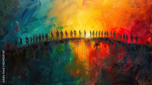 A painting of people working together to build a bridge, representing overcoming barriers through teamwork. photo