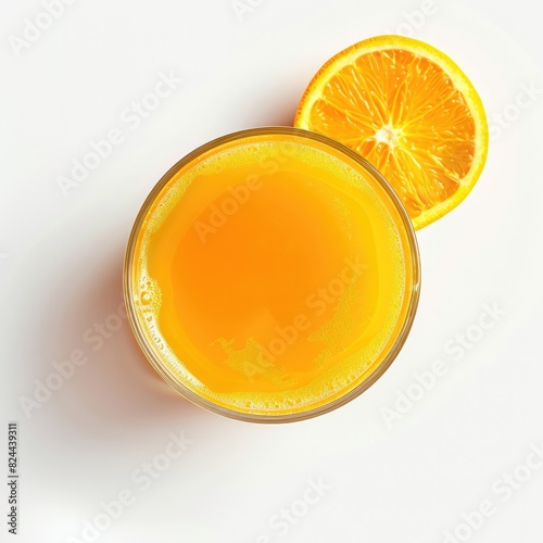 One cup of orange juice on a white background. Overhead view.