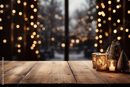 Selective focus of dark wooden countertop with candles for advertising products . Christmas bokeh background