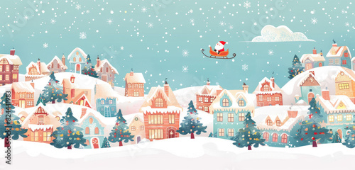 Vector Christmas town with houses, flying sleigh and reindeer in sky, snow falling down, colorful cartoon illustration background vector.