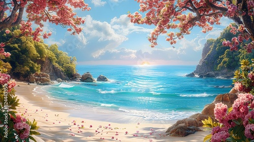 Nature Background, Spring Blossoms by the Ocean: A beautiful beach scene with blossoming trees framing the view, the ocean in the background, and the sun rising or setting. Illustration image,