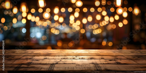 Wooden table set against a backdrop of abstract blurred restaurant lights.