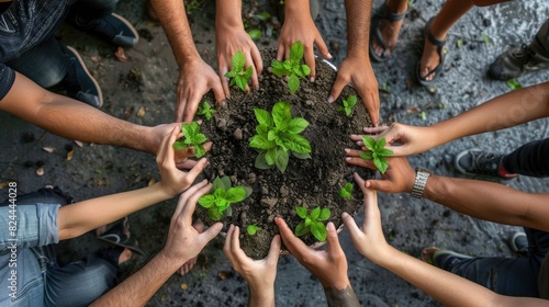 A group of diverse hands holding a plant, symbolizing unity and growth. AIG535