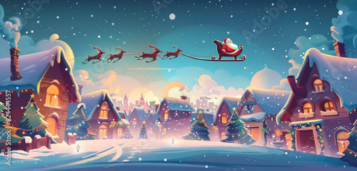 Vector Christmas town with houses, flying sleigh and reindeer in sky, snow falling down, colorful cartoon illustration background vector.