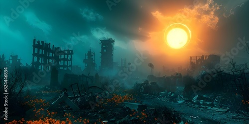 Dystopian city under fading sun with marigold dirt ruins and hope. Concept Dystopian City, Fading Sun, Marigold Dirt Ruins, Hope, Post-Apocalyptic Landscape