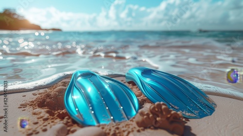 3D blue fins and swimming gear rest on a sandy beach, rendered in isolation