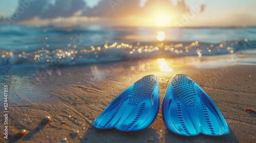 3D blue fins and swimming gear rest on an isolated sandy beach backdrop