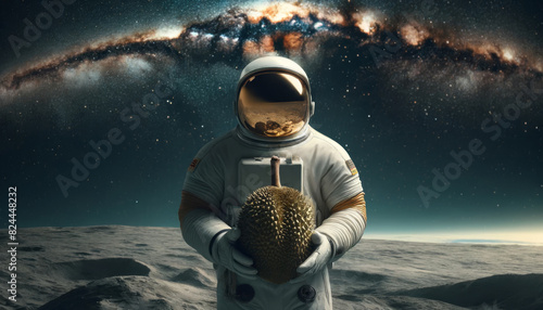 Astronaut holding a durian standing on the moon with galaxy in background