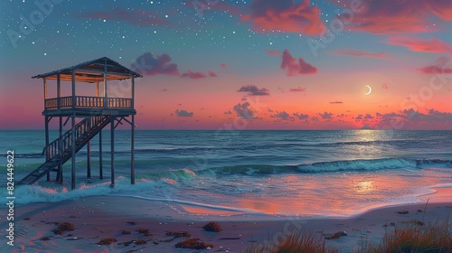 Nature Background, Beach at Dusk with Moon and Stars: A tranquil beach at dusk with the ocean waves gently lapping at the shore, the sky transitioning from pink and orange hues to dark blue,