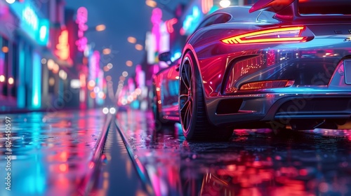 A sleek electric car in motion, set against a blurred cityscape at night with vibrant neon lights, featuring ample copy space on the right