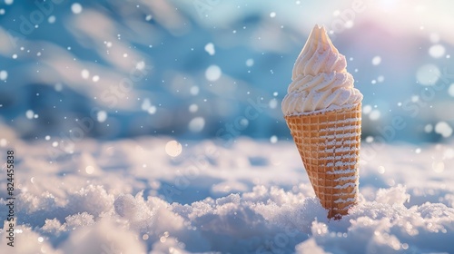 on the snow, a waffle cone with white snow, winter snow mood, Background of a fresh snow surface. White crystal snowflakes in the air, Delicious multicolored cold dessert