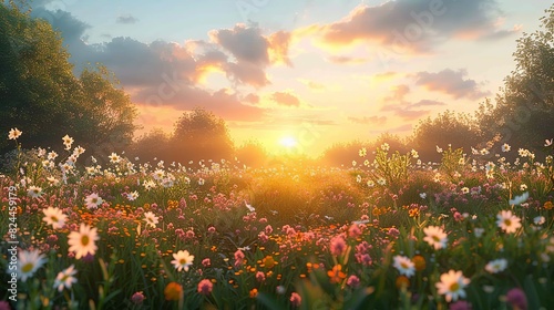 Nature Background, Spring Sunrise in a Flower Meadow: A picturesque meadow filled with blooming spring flowers, with the sun rising in the background, casting a soft, pastel light over the scene.